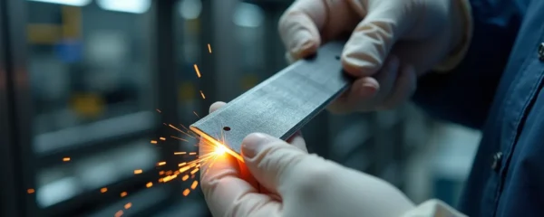 Vue rapprochée d'une lame de découpe ultrasonique en titane manipulée avec précision dans un environnement de production agroalimentaire moderne