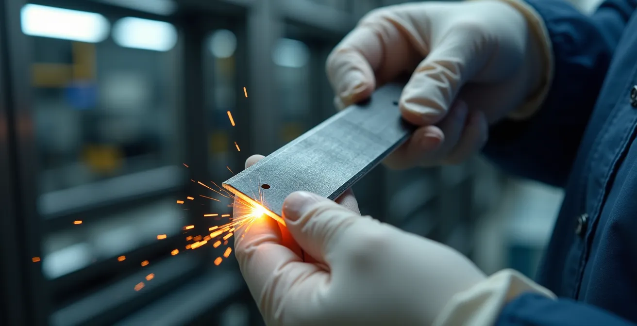 Vue rapprochée d'une lame de découpe ultrasonique en titane manipulée avec précision dans un environnement de production agroalimentaire moderne