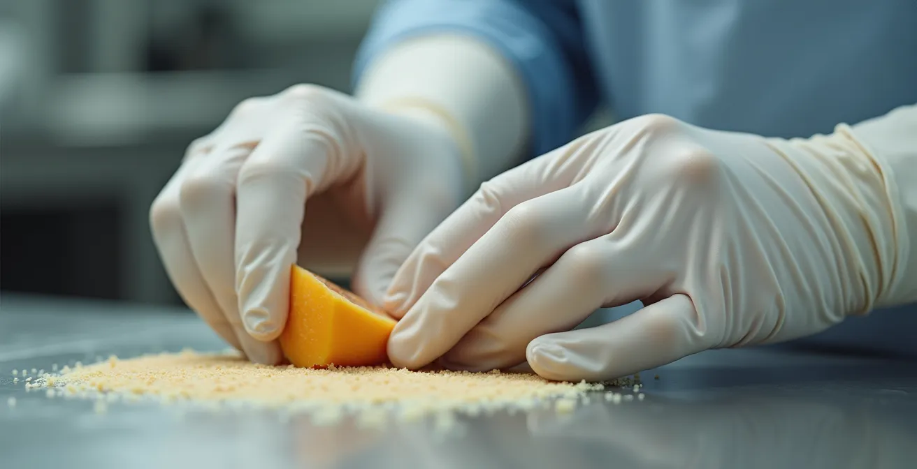 Main gantée manipulant avec précision un produit alimentaire délicat fraîchement découpé, mettant en valeur la qualité de coupe et l'attention portée au produit fini