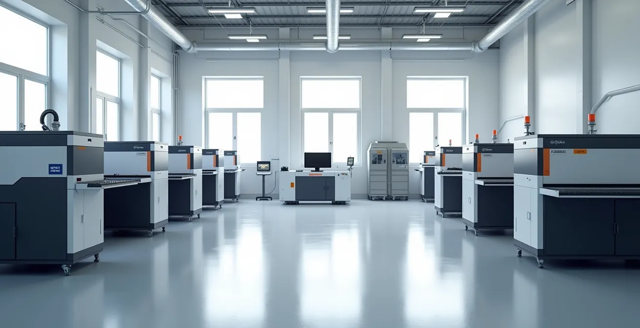 Vue large d'un atelier de gravure laser industriel moderne avec équipements de pointe et espaces de travail organisés