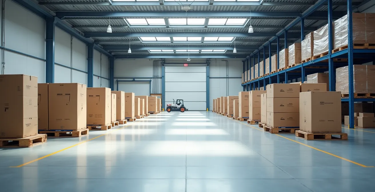 Vue d'ensemble d'un entrepôt logistique moderne avec systèmes de stockage adaptés