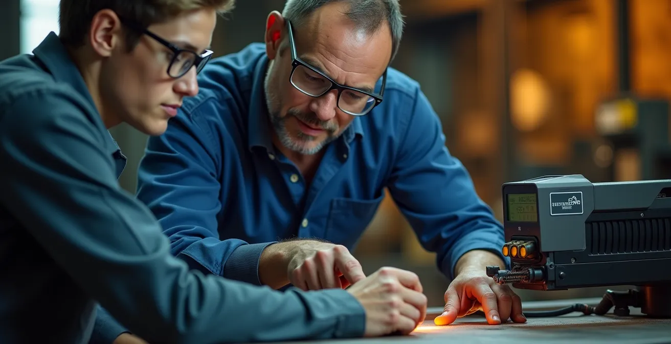 Technicien expert formant un opérateur sur une machine de gravure laser industrielle avec concentration et échange professionnel