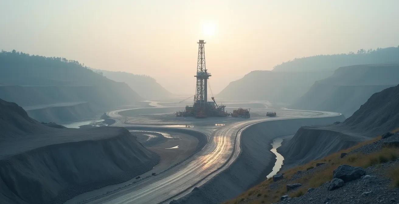 Vue aérienne minimaliste d'un chantier de forage montrant l'organisation spatiale et les flux opérationnels