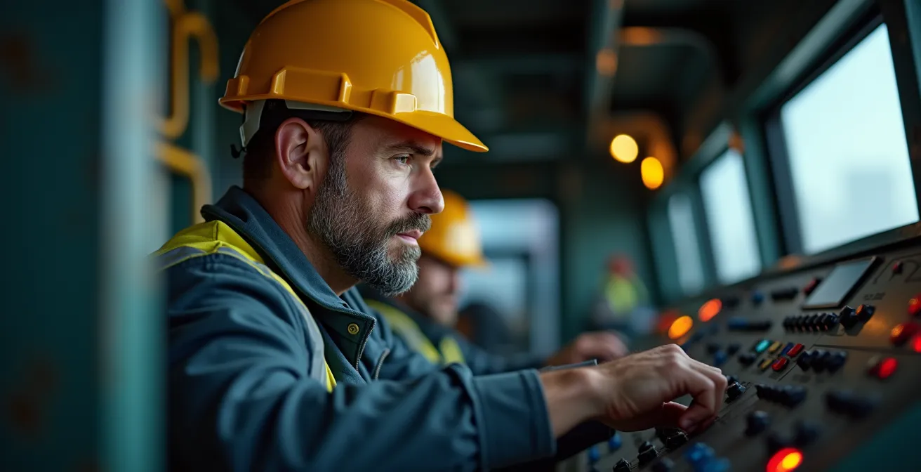 Opérateur concentré manipulant les commandes d'une foreuse industrielle avec éclairage cinématographique