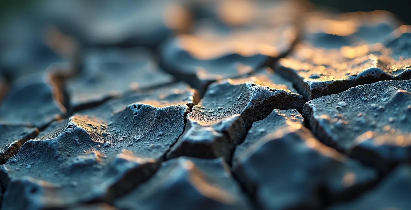 Détail macro d'une surface rocheuse fracturée montrant les différentes strates géologiques