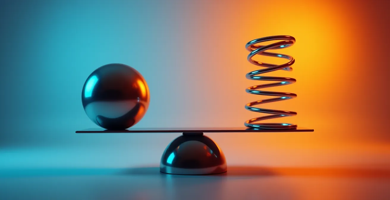 Balance métaphorique montrant l'équilibre entre dureté et ténacité d'une pièce métallique