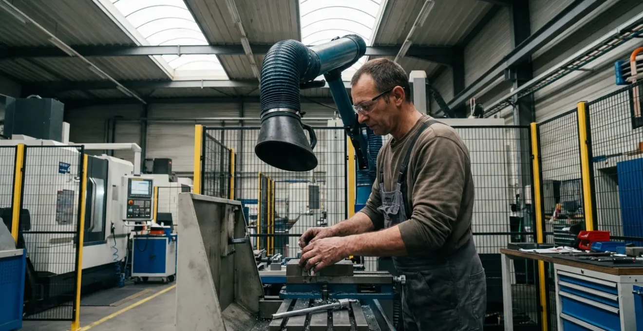 Technicien travaillant à un poste d'usinage avec système d'aspiration industrielle en fonctionnement