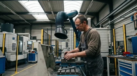 Technicien travaillant à un poste d'usinage avec système d'aspiration industrielle en fonctionnement