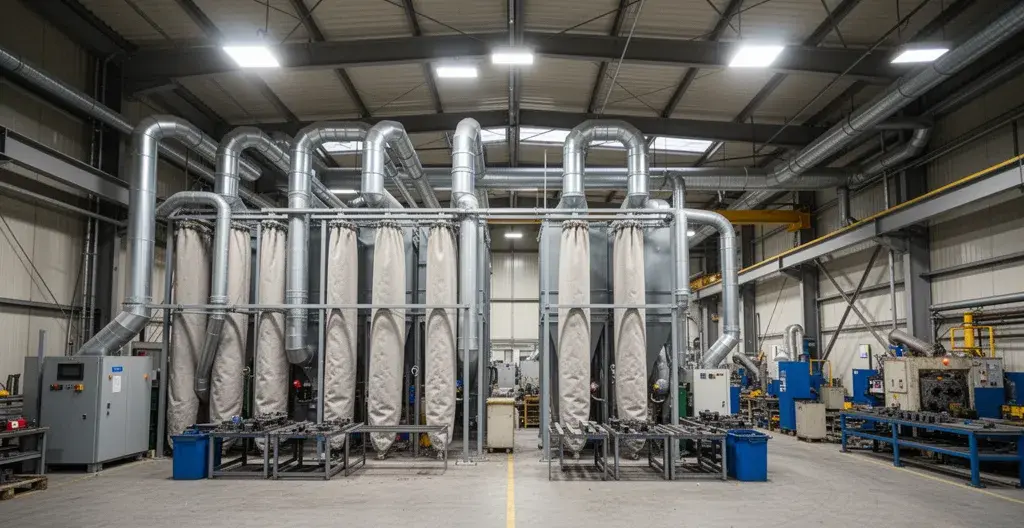 Système de dépoussiérage industriel avec filtres à manches et réseau de gaines dans un atelier métallurgique