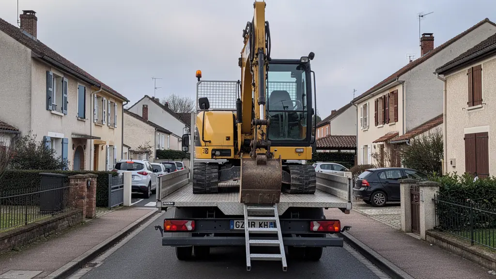 Livraison minipelle sur remorque devant chantier résidentiel