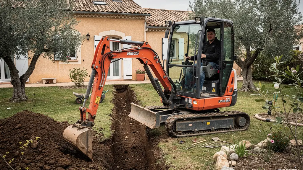 Minipelle compacte creusant une tranchée sur chantier terrassement résidentiel