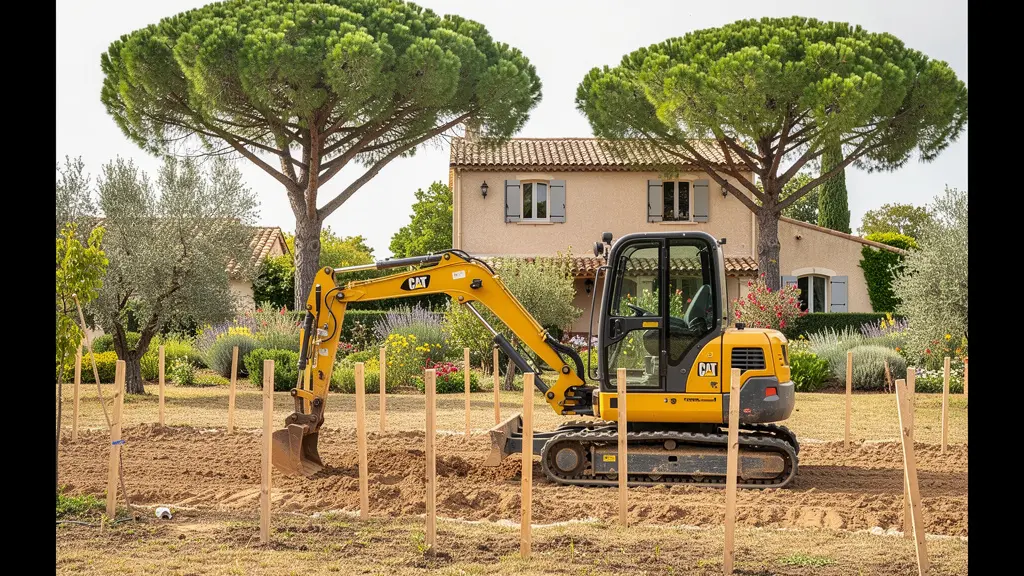 Minipelle stationnée sur zone terrassement délimitée par piquets