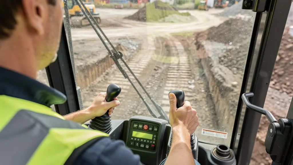 Opérateur manipulant les commandes d'une minipelle depuis la cabine