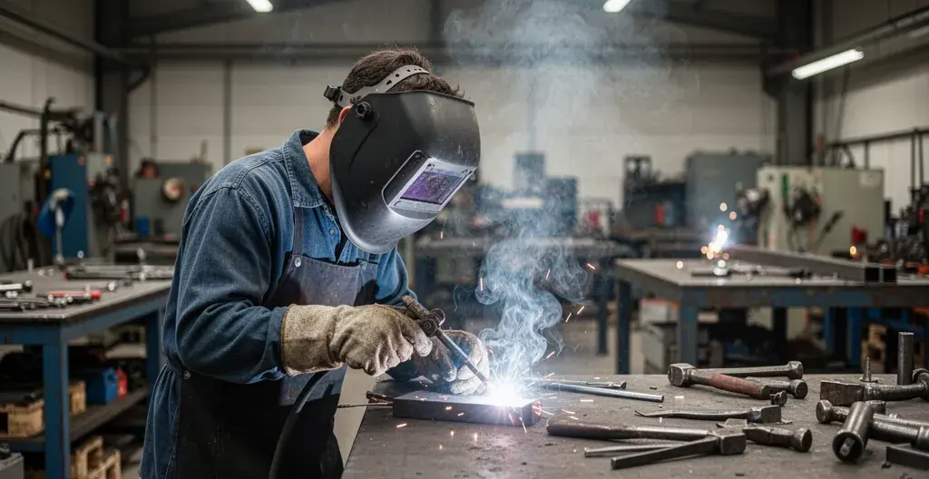 Soudeur au travail avec fumées visibles et équipement de protection dans un atelier métallurgique