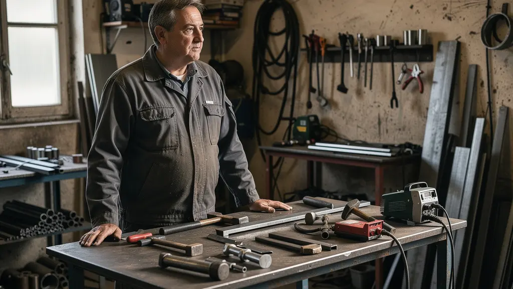 Artisan métallier devant sa table de soudure dans un petit atelier professionnel