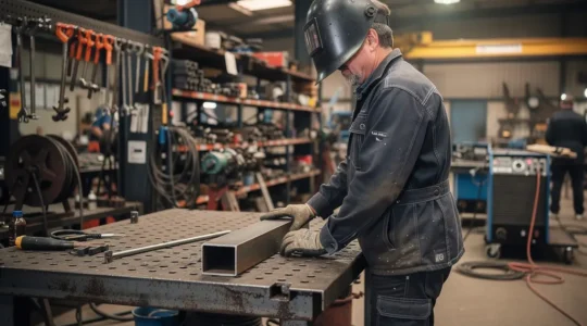 Soudeur positionnant une pièce métallique sur table de soudure professionnelle système D16