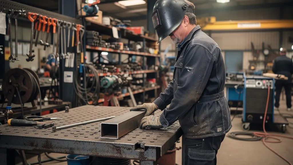 Soudeur positionnant une pièce métallique sur table de soudure professionnelle système D16