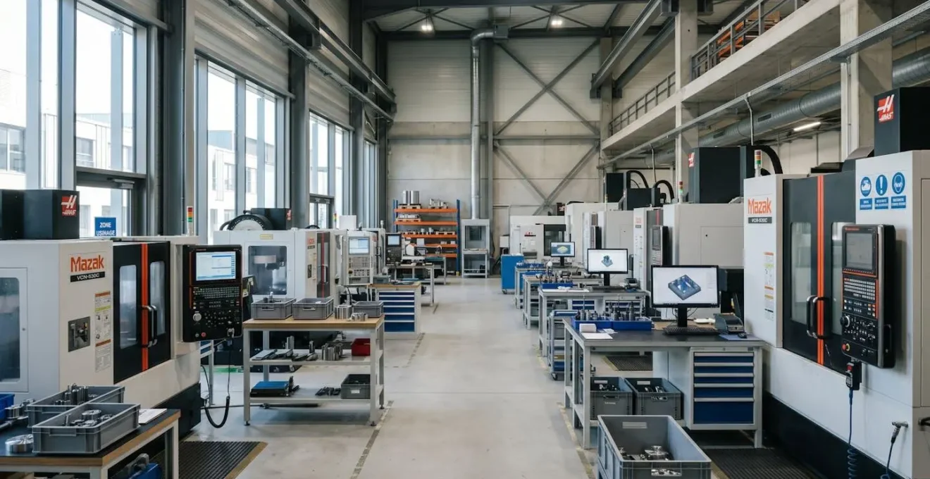 Vue grand angle d'un atelier d'usinage CNC moderne équipé de plusieurs fraiseuses 3 axes, avec de larges fenêtres industrielles laissant entrer la lumière naturelle et des postes de travail organisés sans présence humaine au premier plan