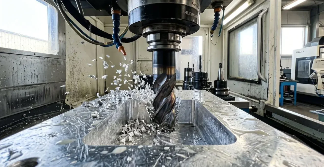 Gros plan extrême sur l'arête de coupe d'une fraise carbure en train d'usiner de l'aluminium dans une cavité profonde, avec des copeaux brillants en cours d'évacuation et un flou artistique en arrière-plan