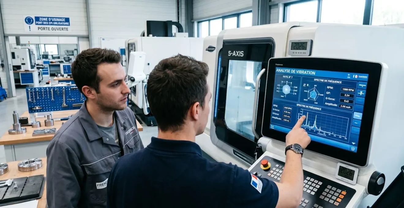 Un opérateur et un technicien méthodes observent ensemble l'écran de contrôle d'une fraiseuse CNC moderne affichant des données de monitoring, vus par-dessus l'épaule dans un atelier industriel lumineux