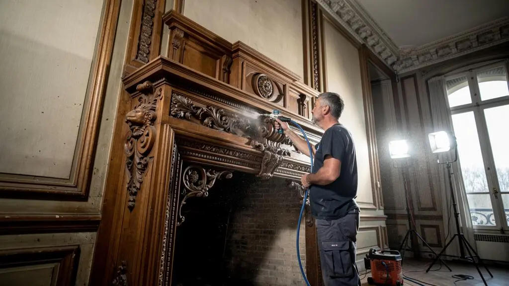 Conservateur professionnel utilisant l'aérogommage sur des boiseries architecturales sculptées d'une cheminée ancienne dans un intérieur d'époque