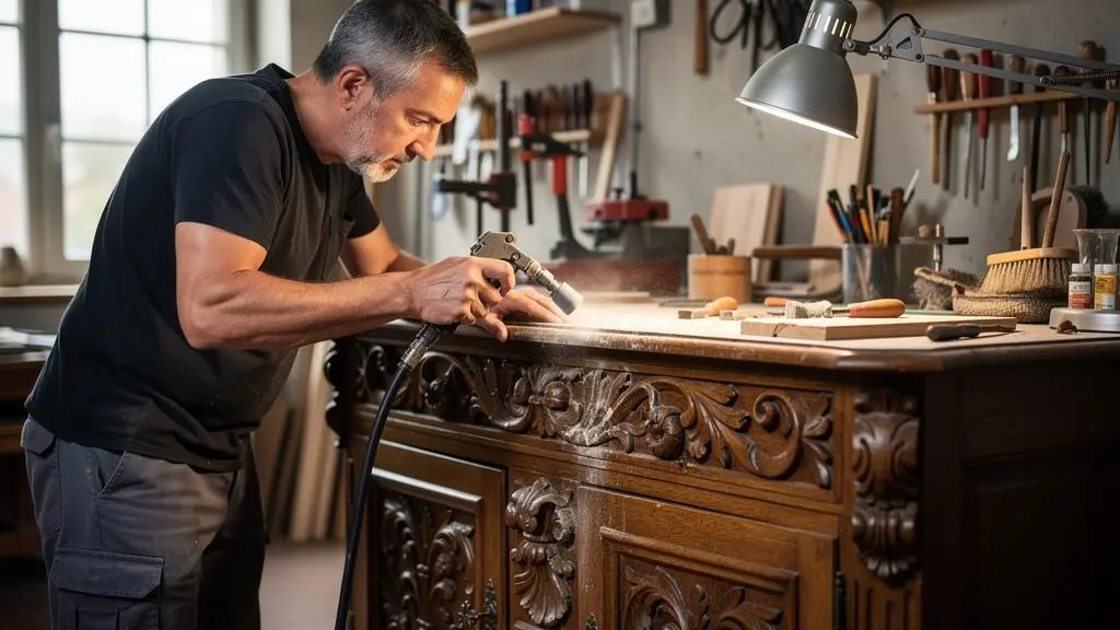 Restaurateur professionnel utilisant un équipement d'aérogommage sur les sculptures détaillées d'un buffet Henri II ancien en chêne dans un atelier de restauration