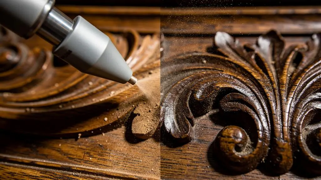 Gros plan sur une buse d'aérogommage traitant les détails sculptés d'une feuille d'acanthe sur un meuble ancien, révélant la préservation des arêtes vives